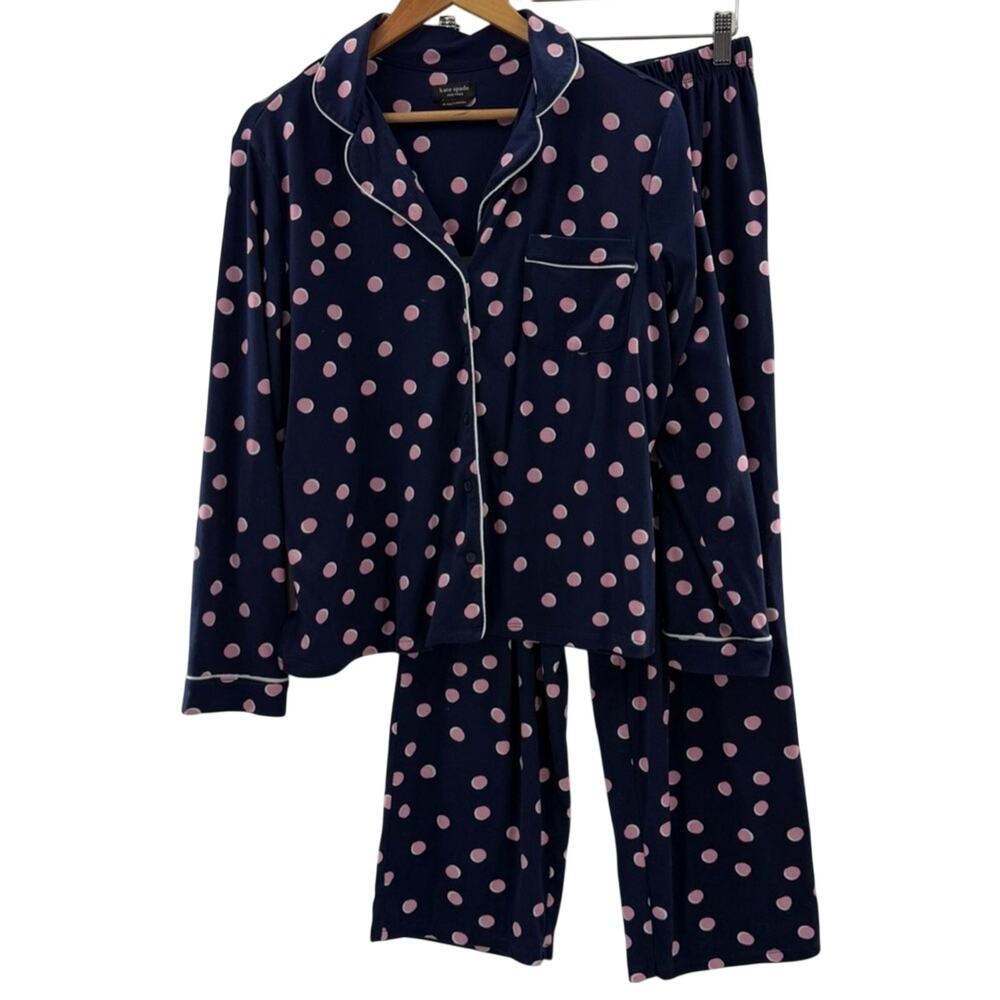 Kate Spade Navy Blue with Pink Polka Dots Pajama Set Long Sleeve Comfy Size Med